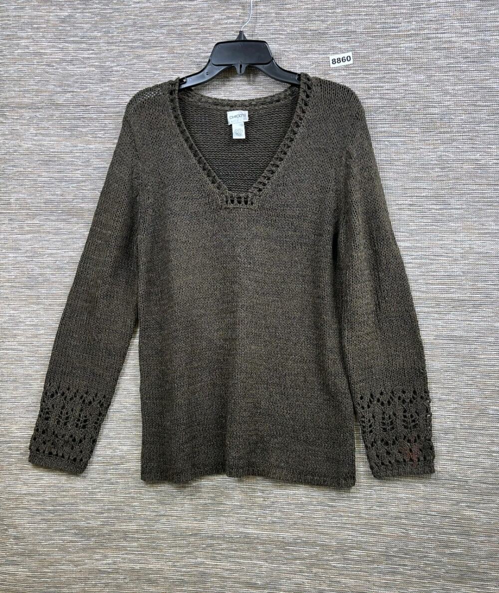 Chico's Cable Knit Sweater Womens Size 2 US L Brown Long Sleeve V-Neck
